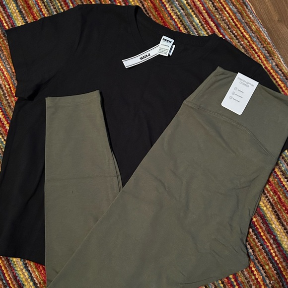 PINK Victoria's Secret cotton tee & leggings bundle size large New black Olive - Picture 8 of 12